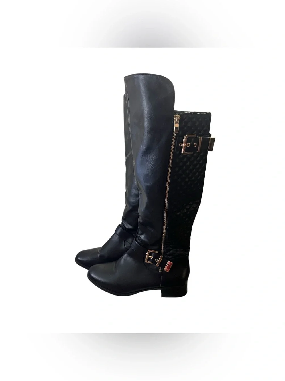 ShoeDazzle Cersei Riding Boots Quilted Side Zip Buckle Black 8